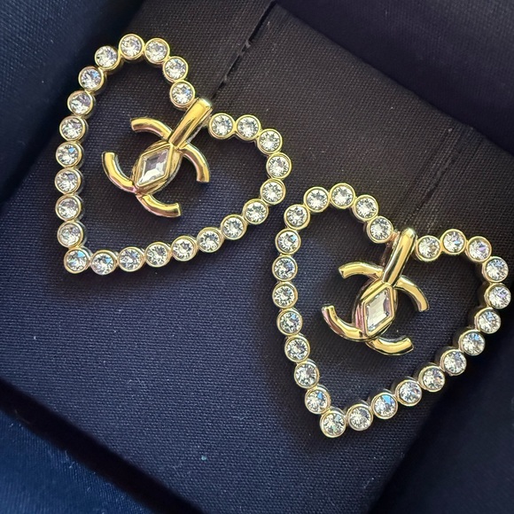 CHANEL Jewelry - CHANEL CC Logos Rhinestone Heart Stud Earrings Gold Tone L23C Auth w/Box #3331